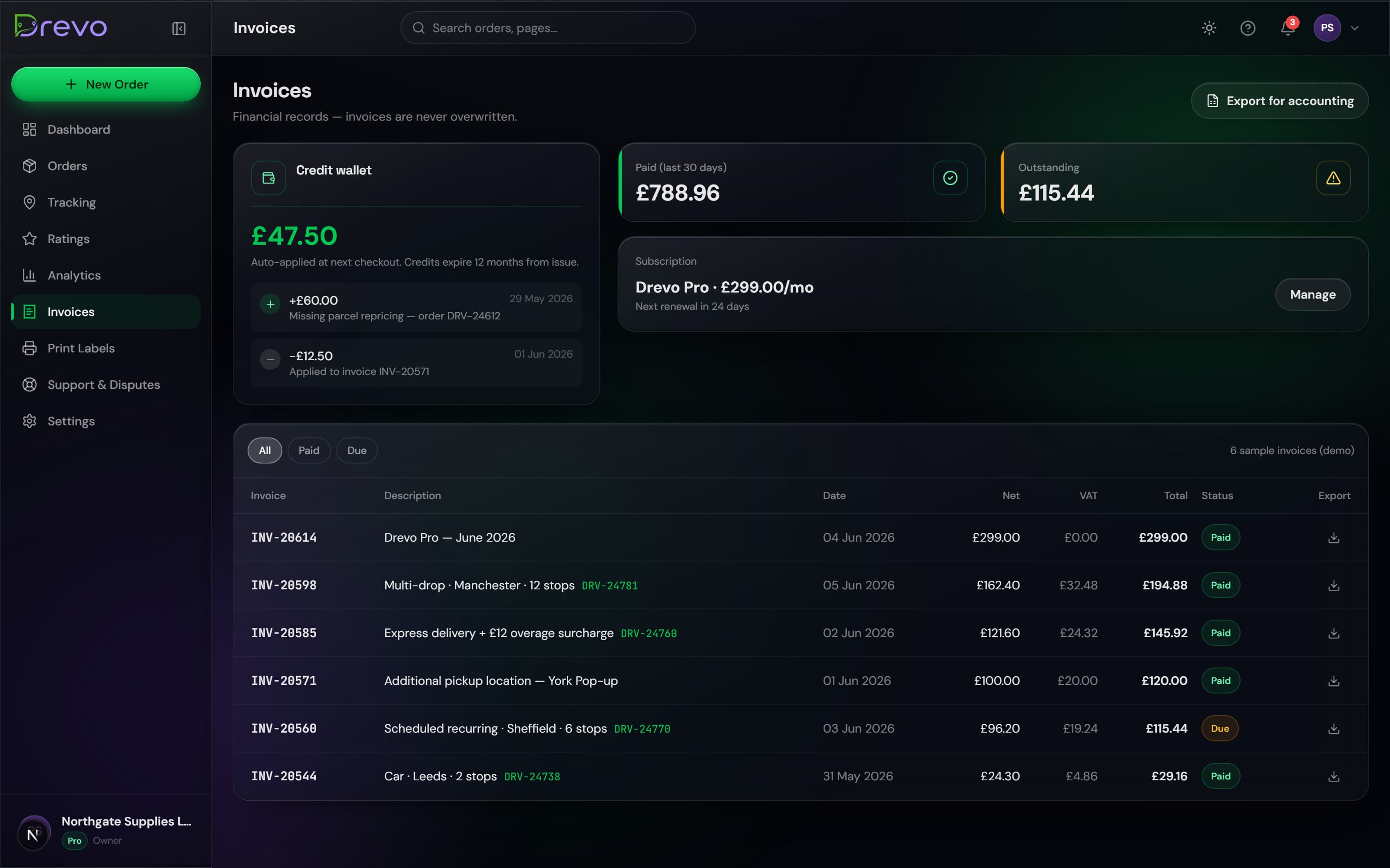 The Drevo invoices screen with itemised same-day deliveries and proof attached.