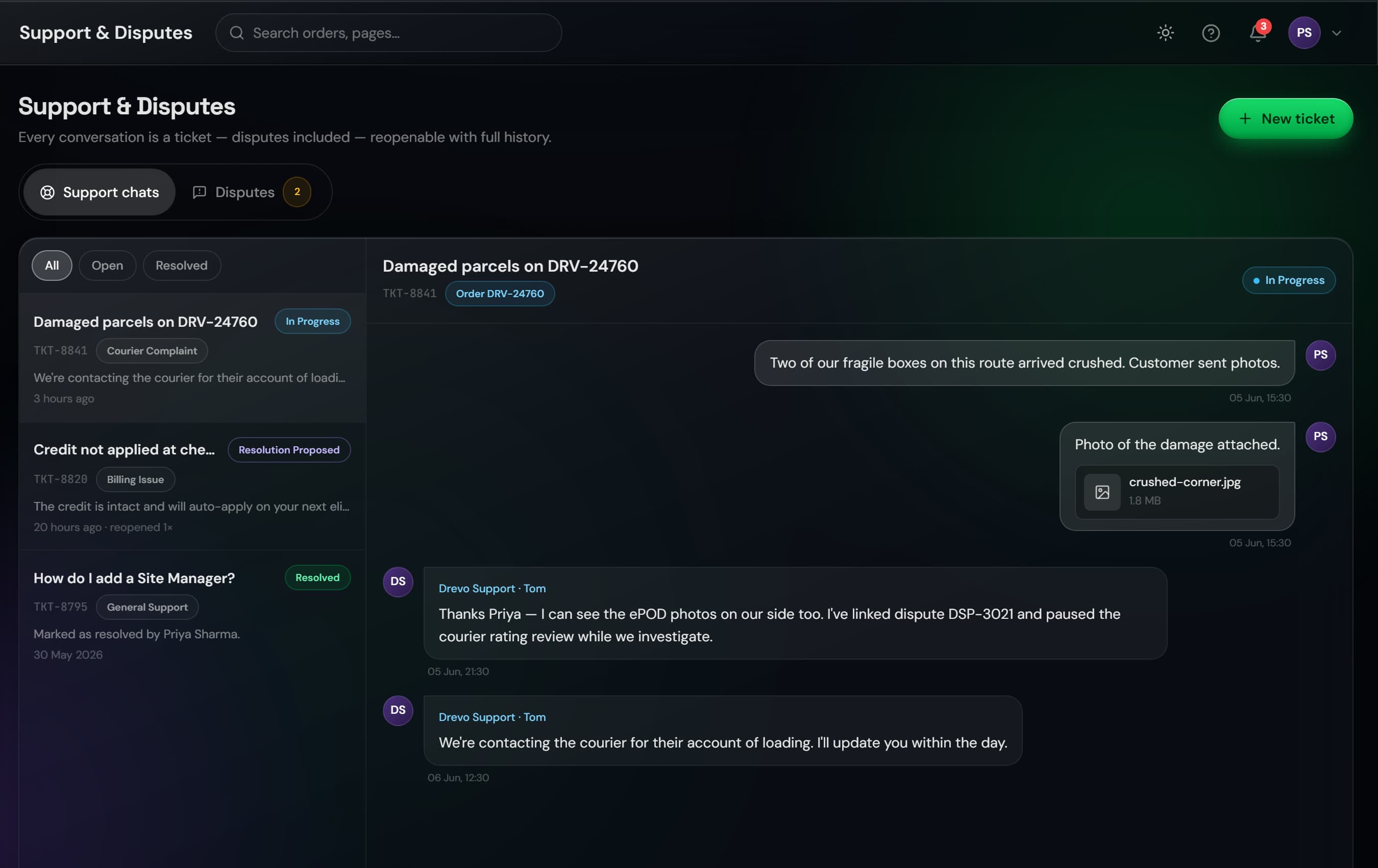 The Drevo support screen: a chat thread attached to order DRV-24760 with a damage photo attached and a reply from Drevo Support, alongside the list of open and resolved tickets.