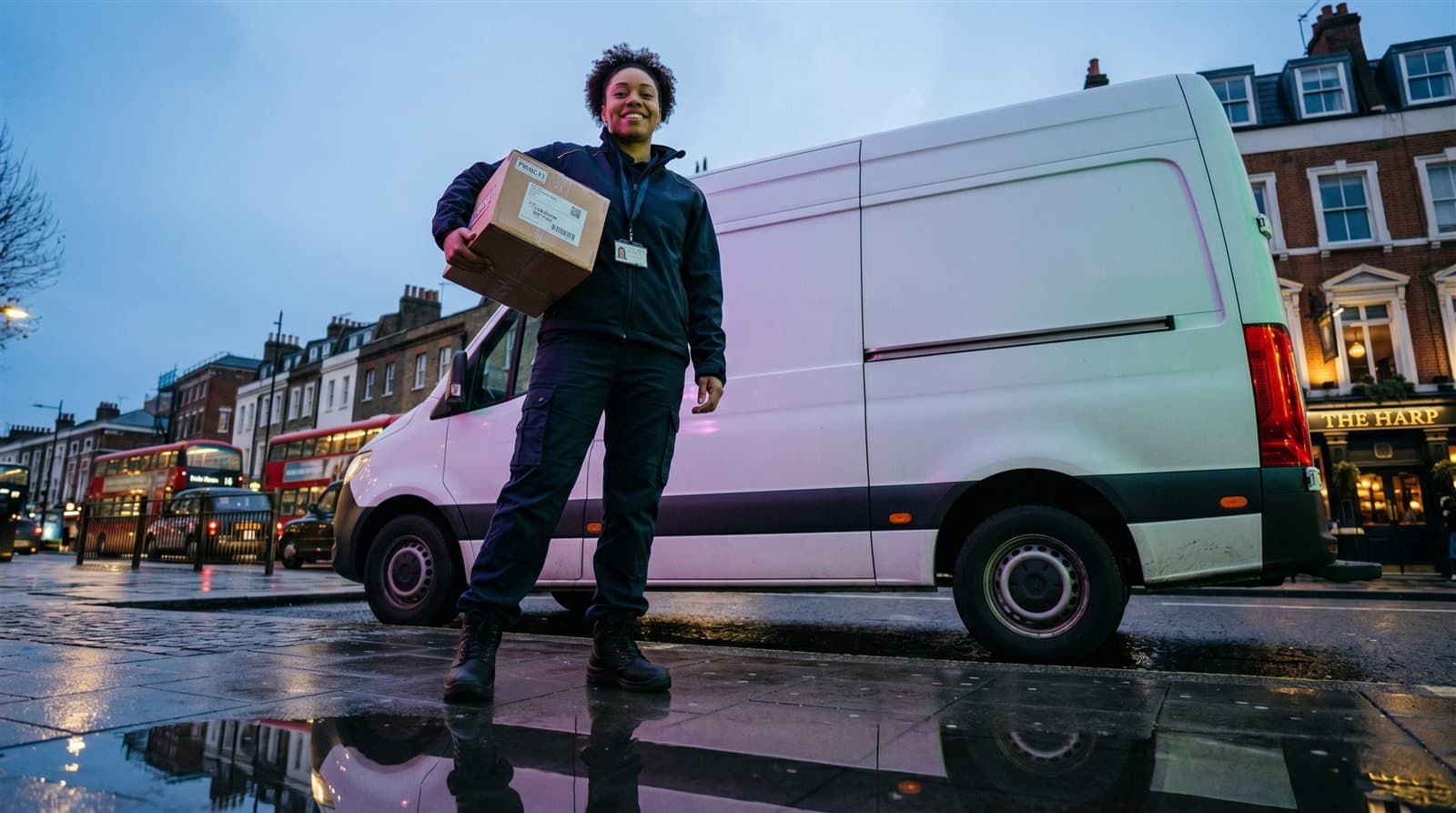 A Drevo delivery courier holding a parcel beside a plain unbranded white van on a London street at dusk, red double-decker buses behind.