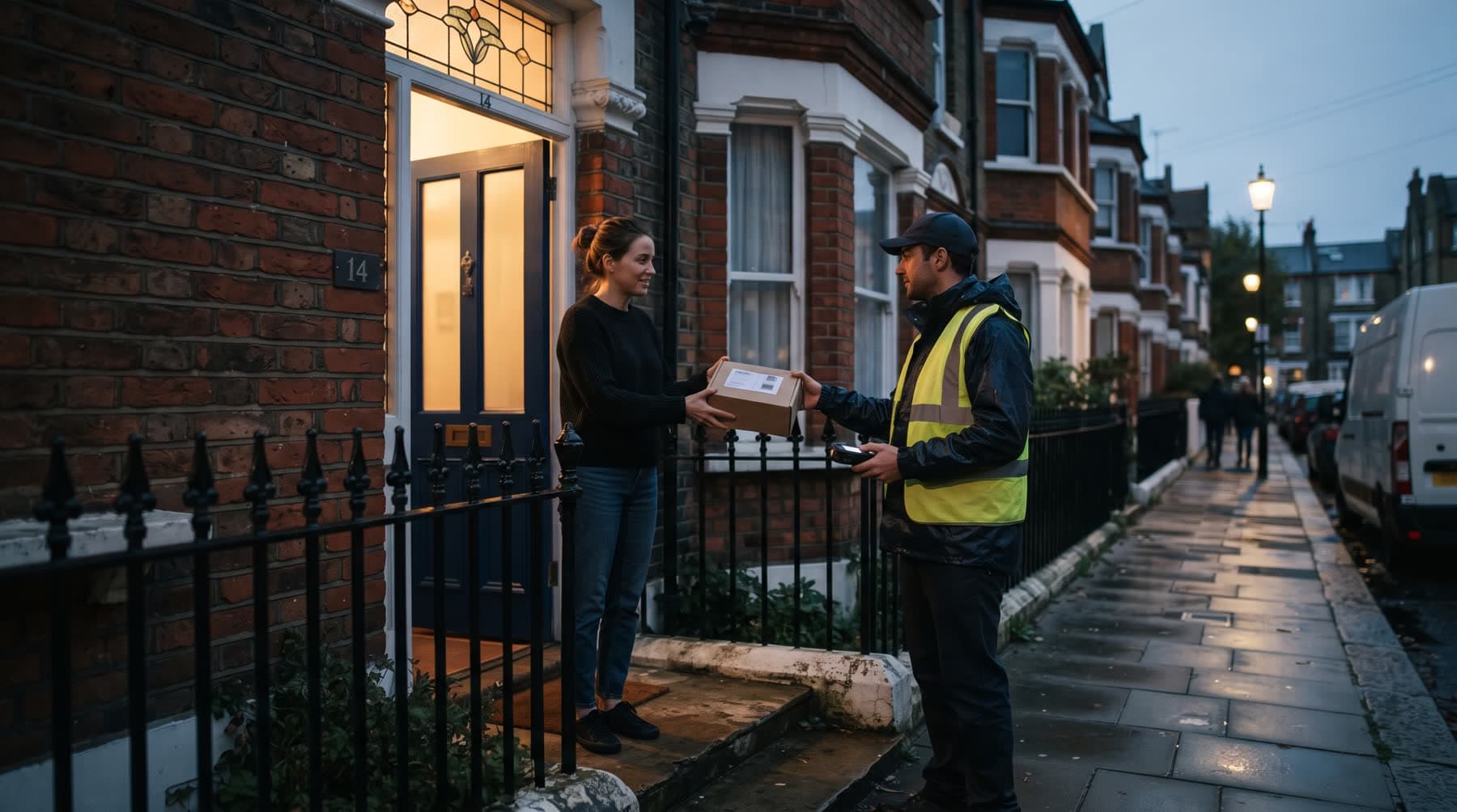 A courier in a high-visibility vest handing a parcel to a woman at the open door of a London terrace at dusk, the delivery van at the kerb behind.