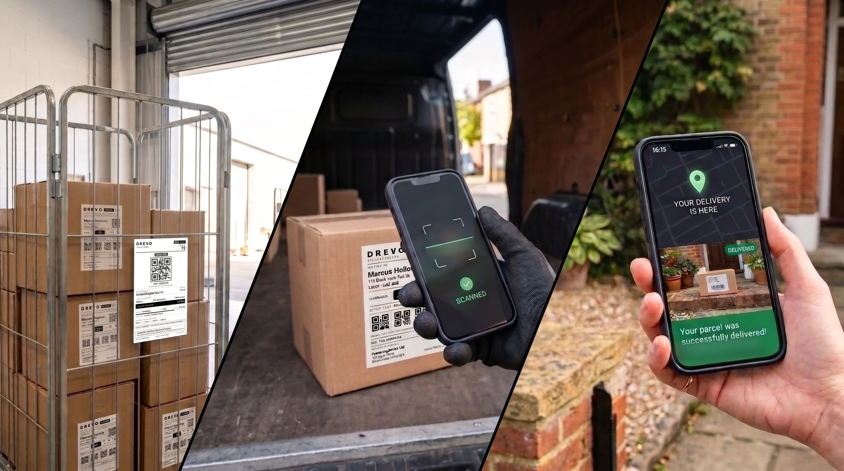 Drevo's QR chain of custody in three moments: a cage of labelled parcels waiting in the loading bay, a courier scanning a parcel's QR code as it goes into the van, and the customer's phone showing the delivery confirmed with a photo at the door.