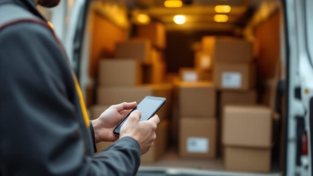 A phone scanning the QR code on a parcel label, loaded parcels stacked in the van behind.