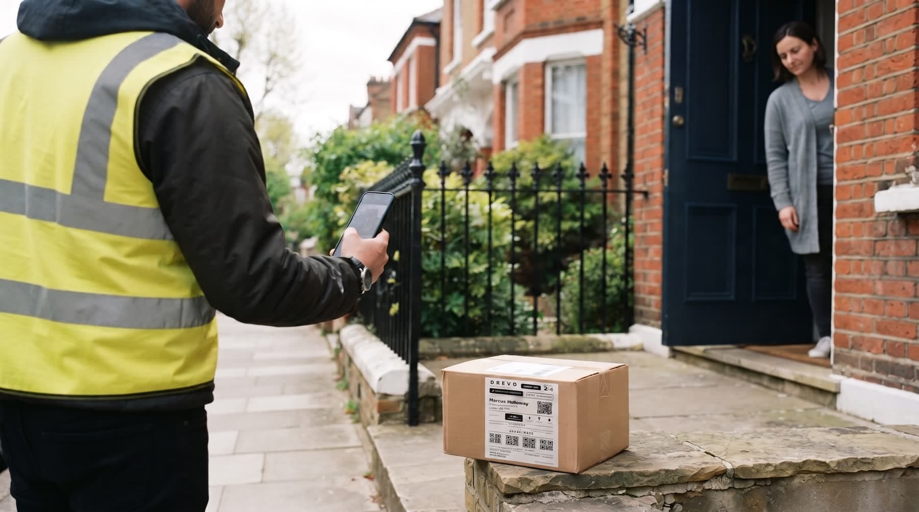 A courier in a high-visibility vest photographing a just-delivered Drevo parcel on a Victorian terrace doorstep, the resident watching from the open door.