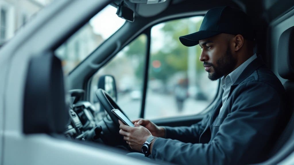 A phone mounted on a van dashboard at night, showing a confirmed Drevo job offer.