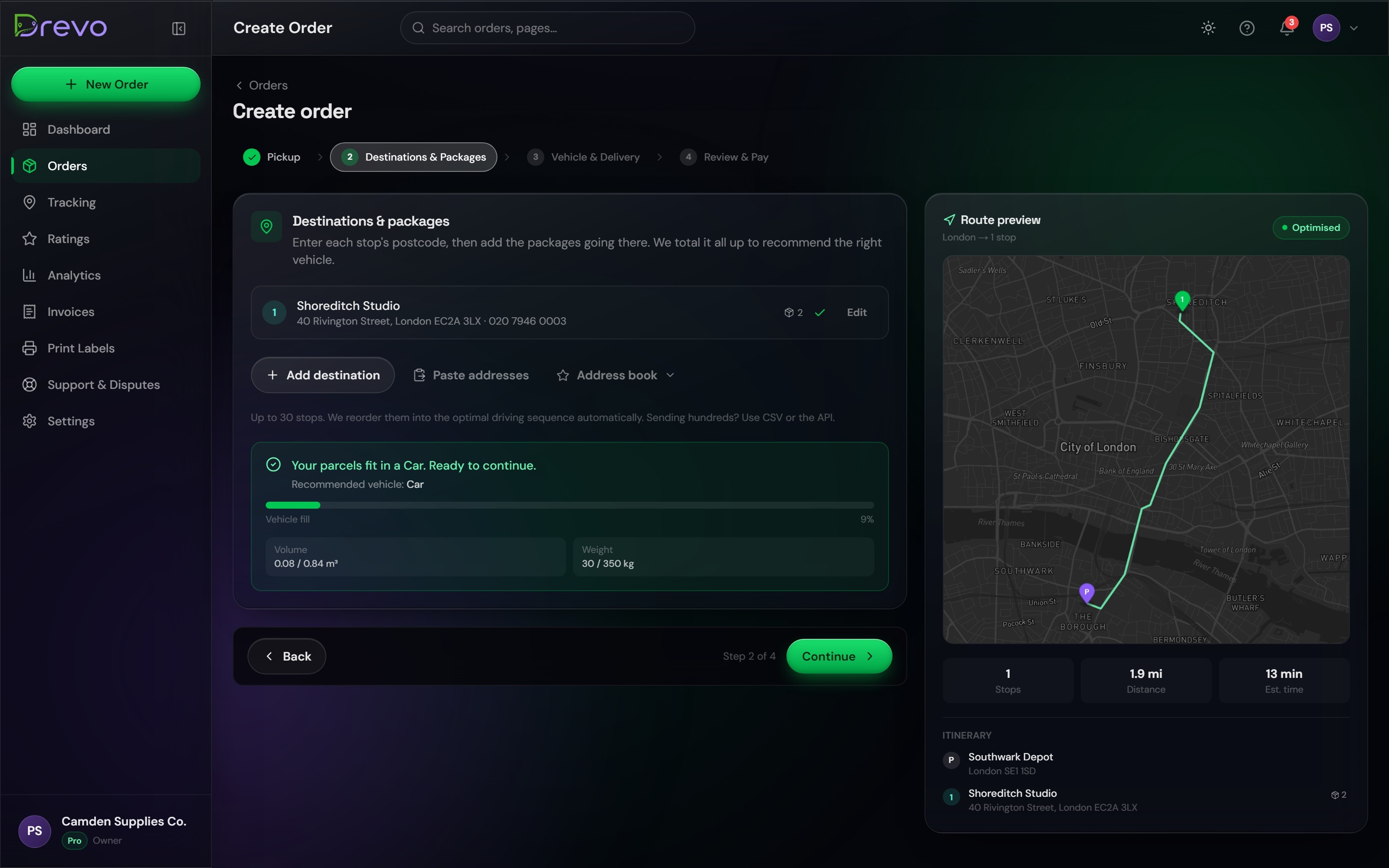 Drevo dashboard — Destinations & packages