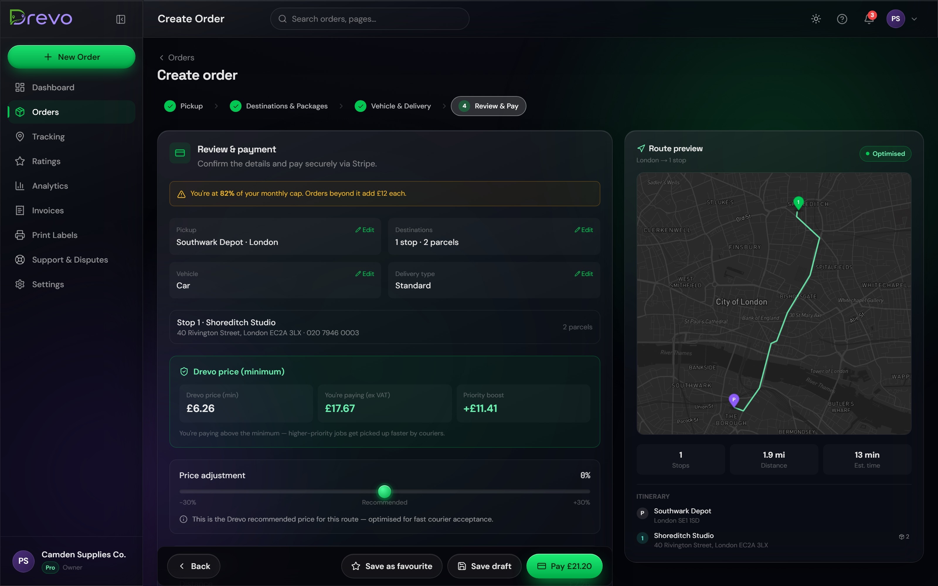 Drevo dashboard — Review & pay